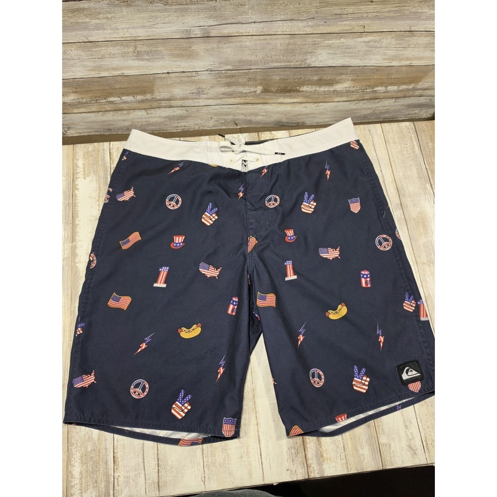 Quiksilver Mens Boardshorts Americana Hot Dog Peace Sign Navy Swim Trunks 34"